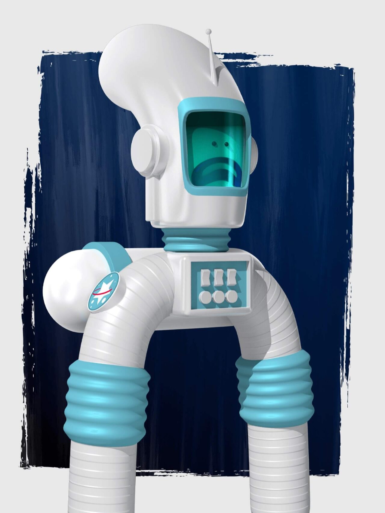 Digital illustration of a futuristic robot with a large, rounded helmet and a blue-tinted visor, displaying a sad expression. The robot has accordion-like legs, a boxy torso with controls, and a blue and white color scheme. The background is dark blue with white brush strokes.