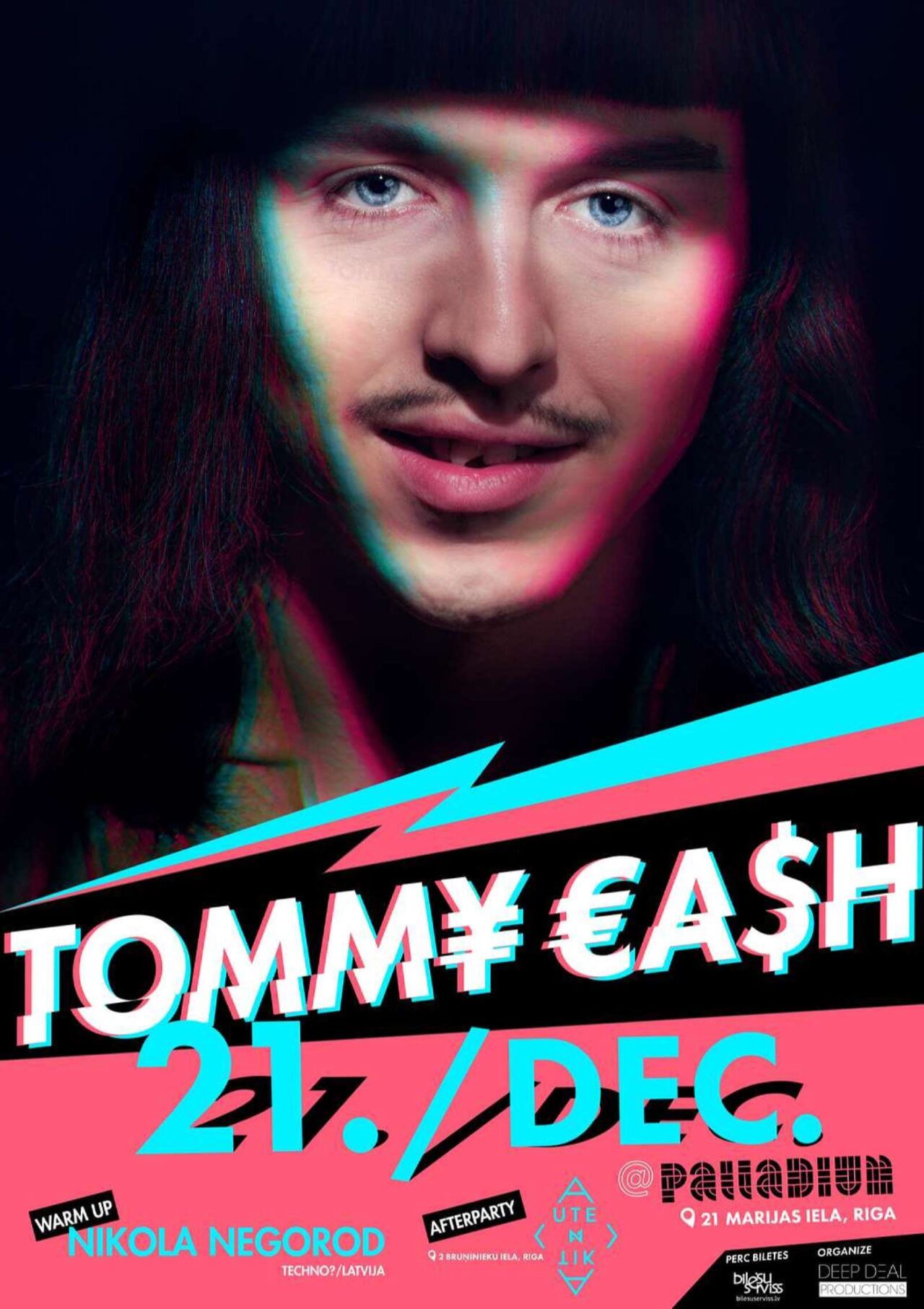 Poster for a music event featuring an artist with long dark hair and mustache under colorful lighting effects. The text reads "Tommy €A$H" and the event date "21. Dec." Additional text mentions "Warm up Nikola Negorod" and the afterparty. Venue details are also included.