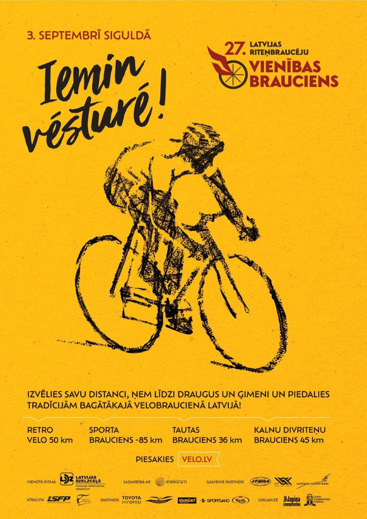 Poster for the 27th Latvian Riders' Unity Ride, featuring an illustration of a cyclist on a yellow background. Event details: September 3 in Sigulda, offering Retro (50 km), Sports (85 km), People's (36 km), and Mountain Bike (45 km) distances.
